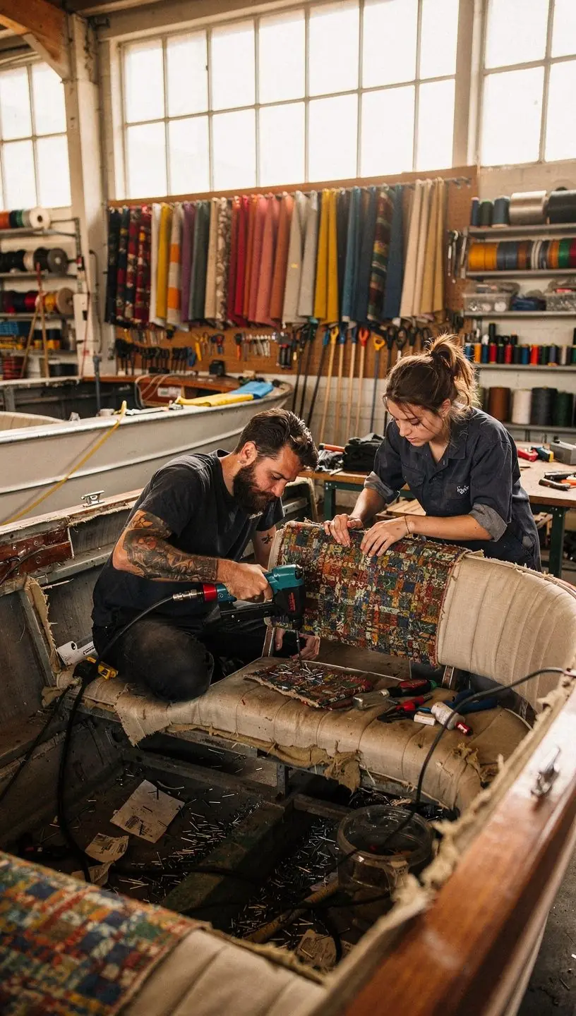 Laivu remonta darbnīca, kur tiek veikta stiklašķiedras remonts.